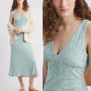 Treasure & Bond Romantic Prairie Coastal Eyelet V-Neck Midi Dress Blue Teal sz L